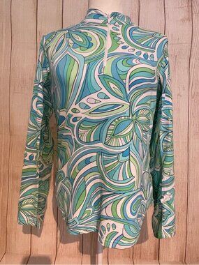 Icikuls Long Sleeve Printed Top Aqua Green Swirl Print Stand Collar Sz M